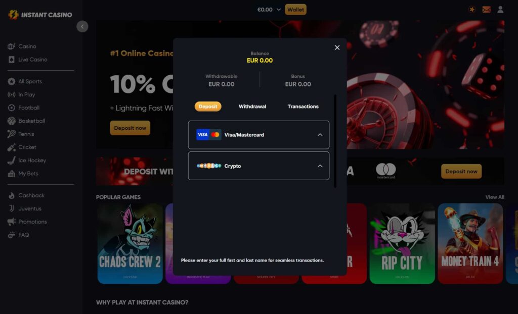 Instant casino payment screen