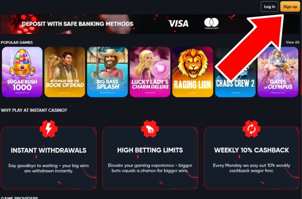 instant casino sign up arrow