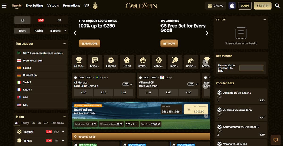 Sports betting page of Goldspin bookmaker.