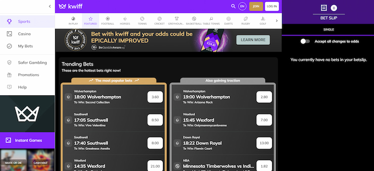 Kwiff sports betting homepage
