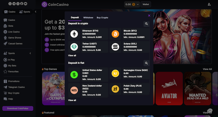 coin casino deposit page