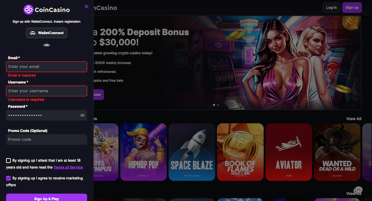 coin casino sign up page