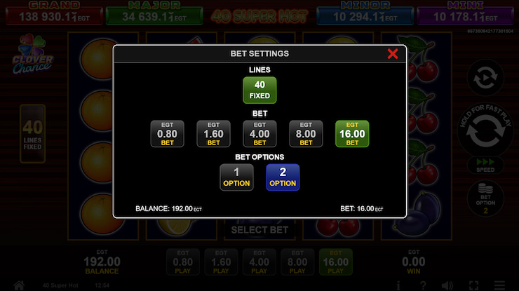 The Super Hot 40 Betting Options as seen on Desktop.