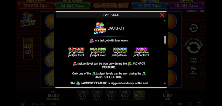 The Paytable showing the four Jackpot Bonus levels for the slot game 40 super hot.