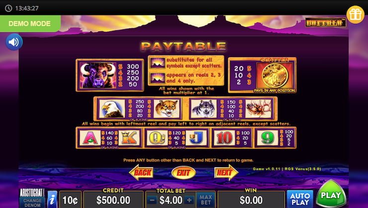 Buffalo Slots Payout Table Desktop