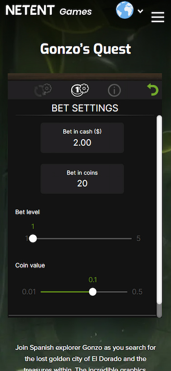 Bet settings at Gonzo's Quest slot, showing bet of 20 coins at level one, each coin value at 0.1.