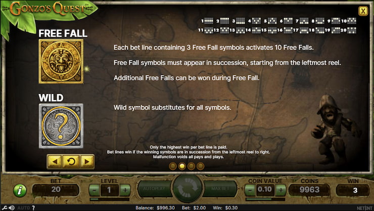 Special Symbols of Free Fall and Wild in Gonzo's Quest video slot game.