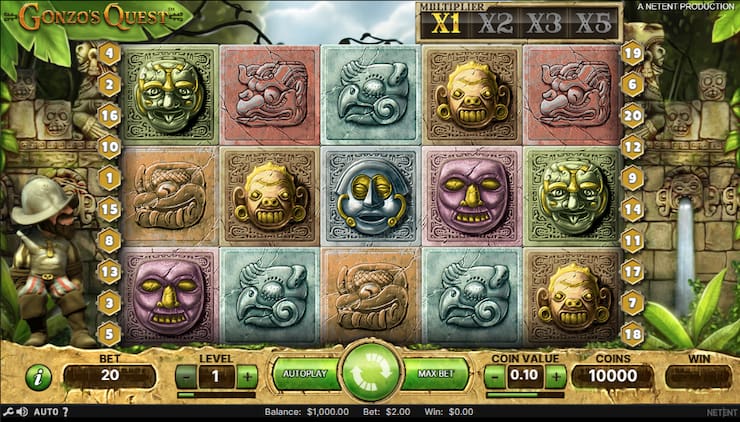 Game Grid of Gonzo's Quest Slot casino slot, at level 1, bet of 20 coins.