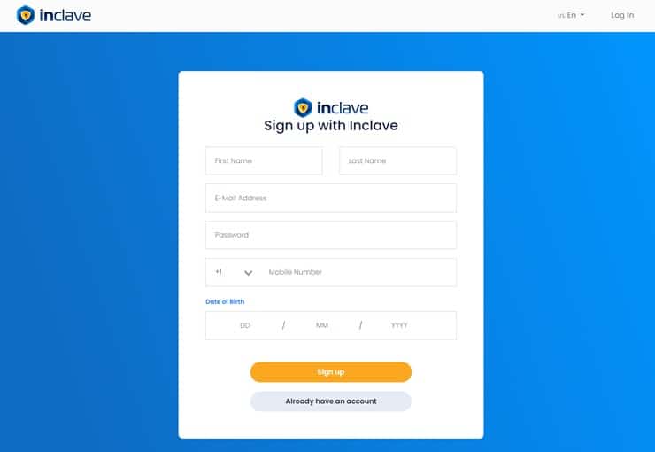 inclave sign up page