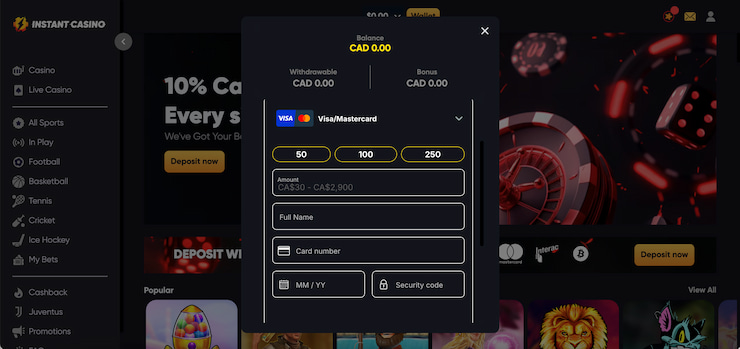 How to deposit funds on Instant Casino using Visa.