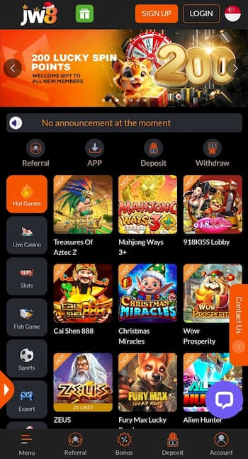 JW8 Casino Game Selection as seen on Mobile devices