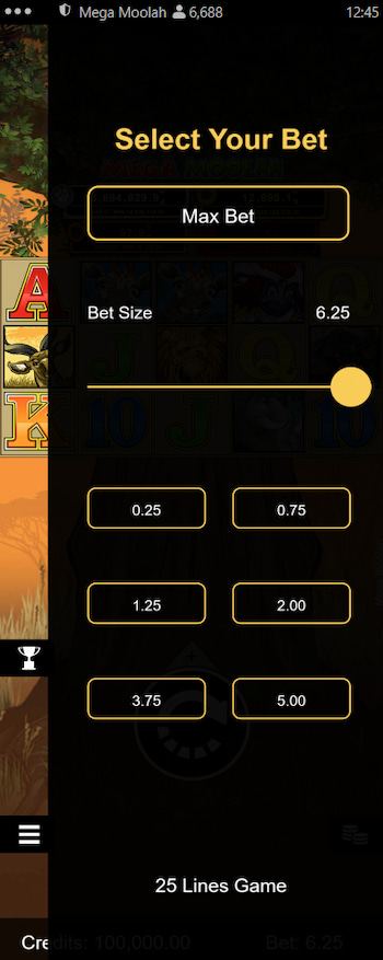 Mega Moolah Slot Review: Select Your Bet Screen