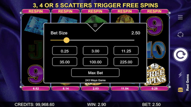 Reel Gems Betting Options Desktop