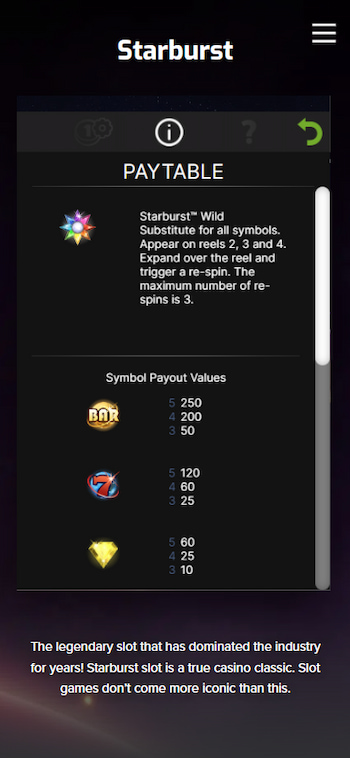 Starburst Slot Payout Table Mobile