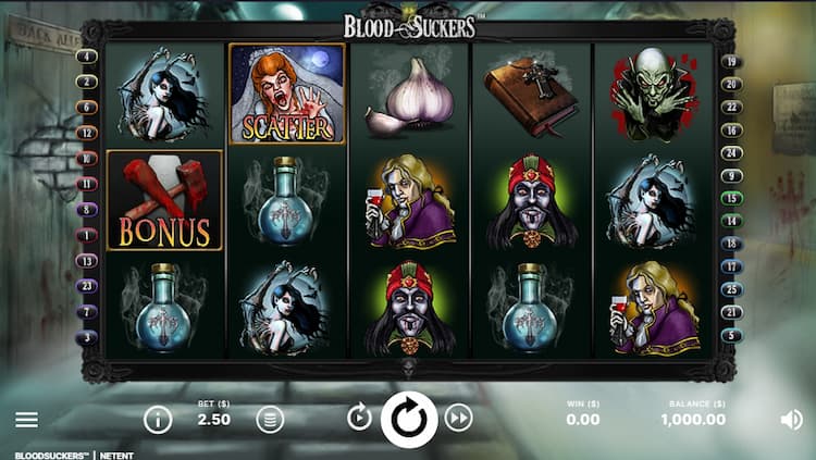 Blood Suckers online slot game symbols on vampire theme reels.