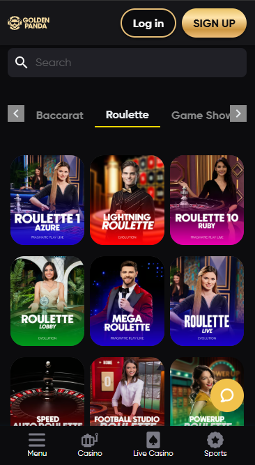 Golden Panda's live dealer roulette lobby showing multiple roulette games variations.