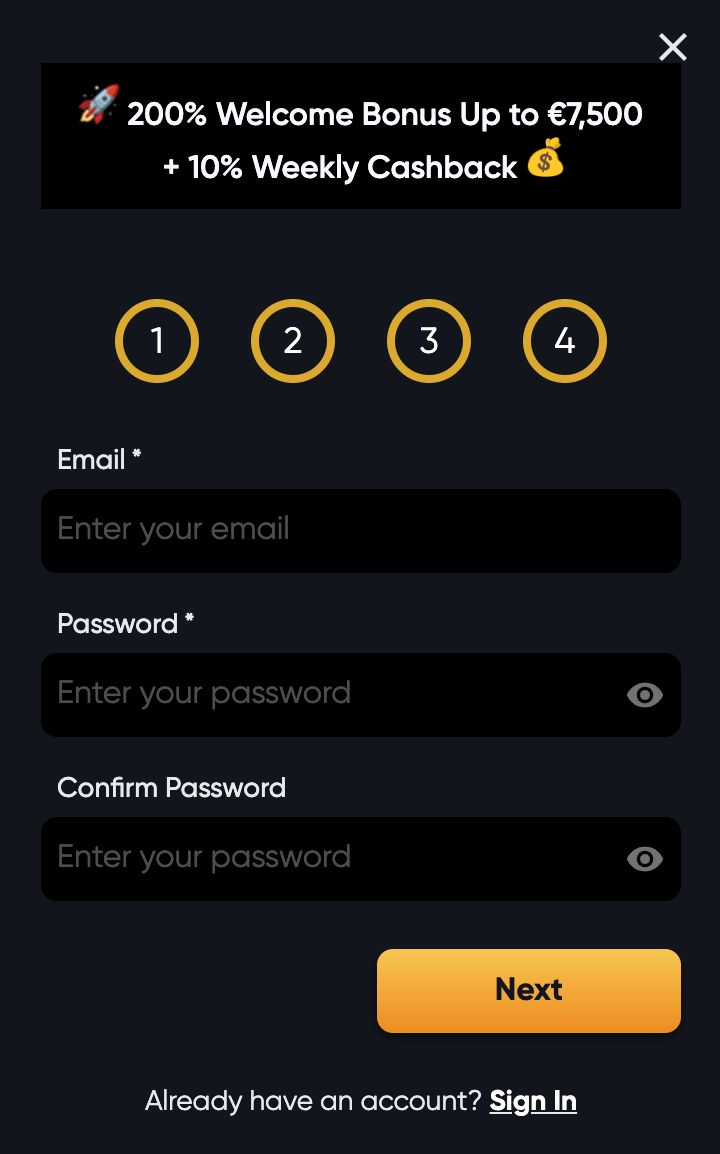 Enter your name and password to set up an Instant Casino player account.