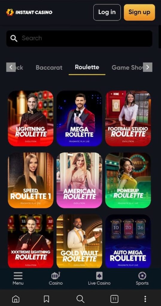 live dealer lobby at mobile Instant Casino.