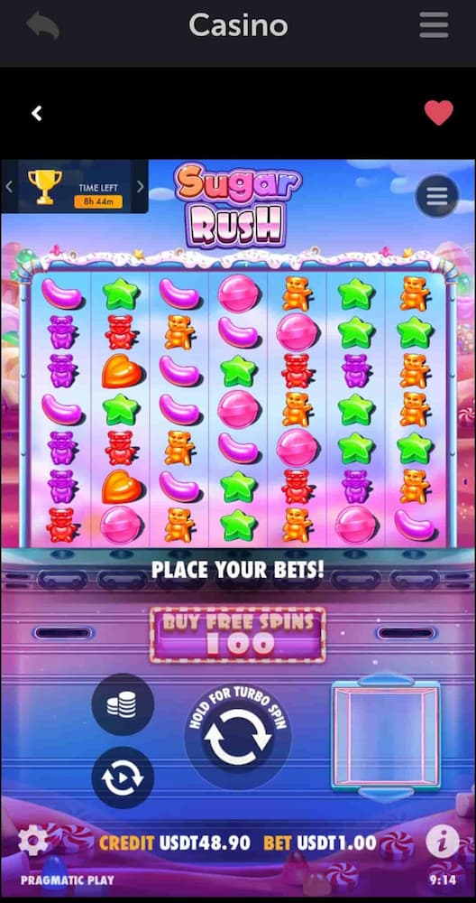 Grid of Sugar Rush slot game showing different icons.