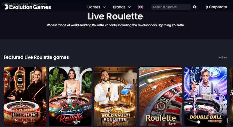 Live dealer roulette games by Evolution Gaming.