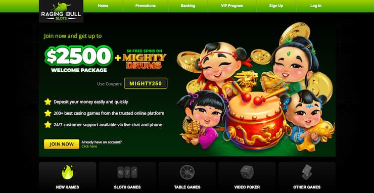 Raging bull casino homepage.