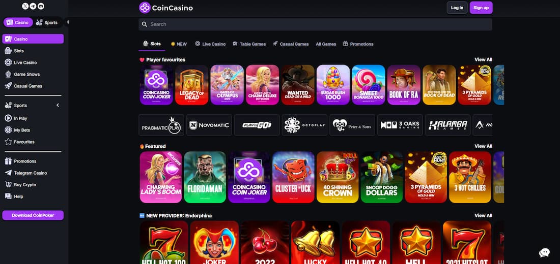Casino games lobby of CoinCasino - showing slots, live games, and other options