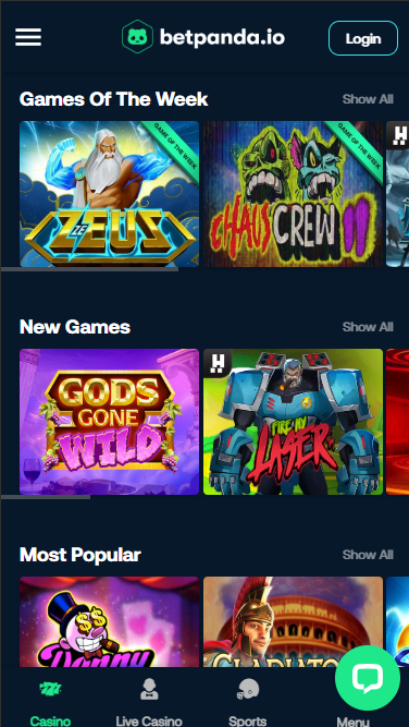 Betpanda mobile frontpage with games of the week