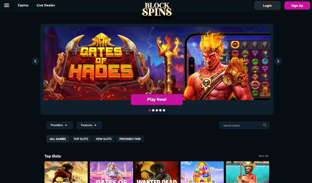 Blockspins homepage, showing Gates of Hades Slot game banner