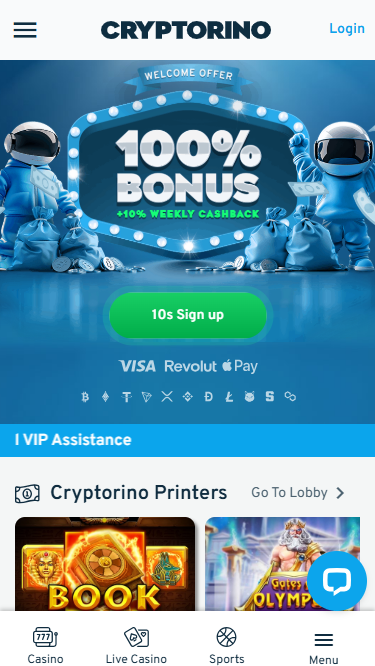 Cryptorino homepage showing 100% bonus