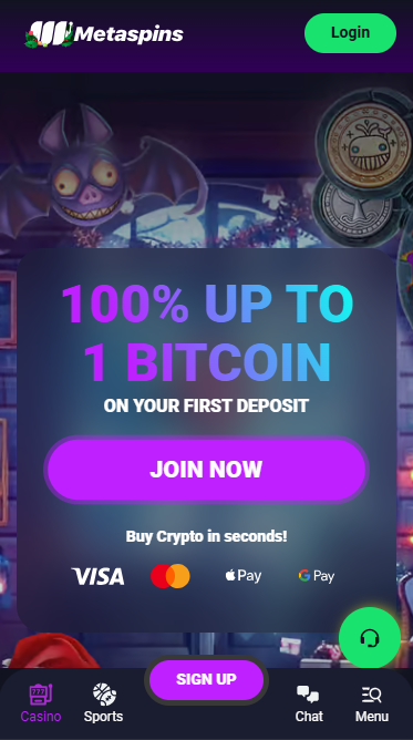 Metaspins mobile homepage with welcome bonus