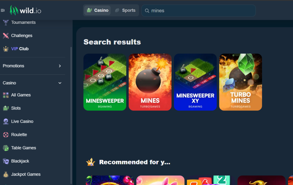 Mines gambling at Wild.io, a similar site to Roobet