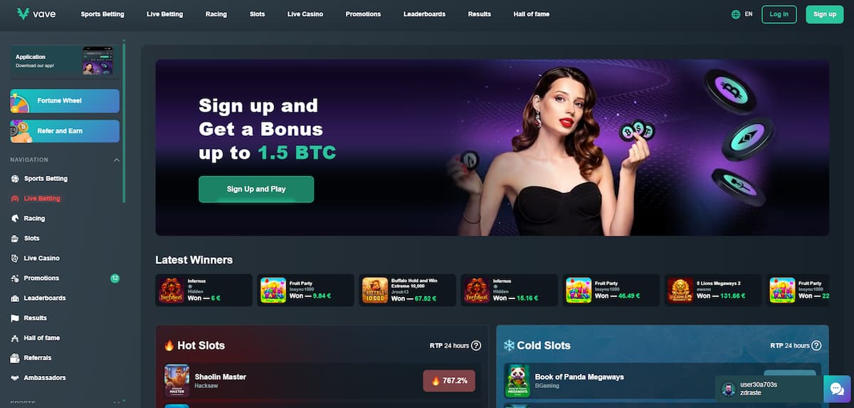 Vave crypto casino homepage