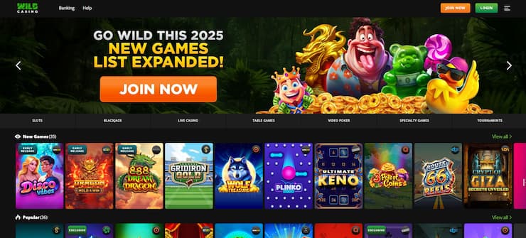 The homepage of Wild Casino which is our top pick for offshore casinos in 2025