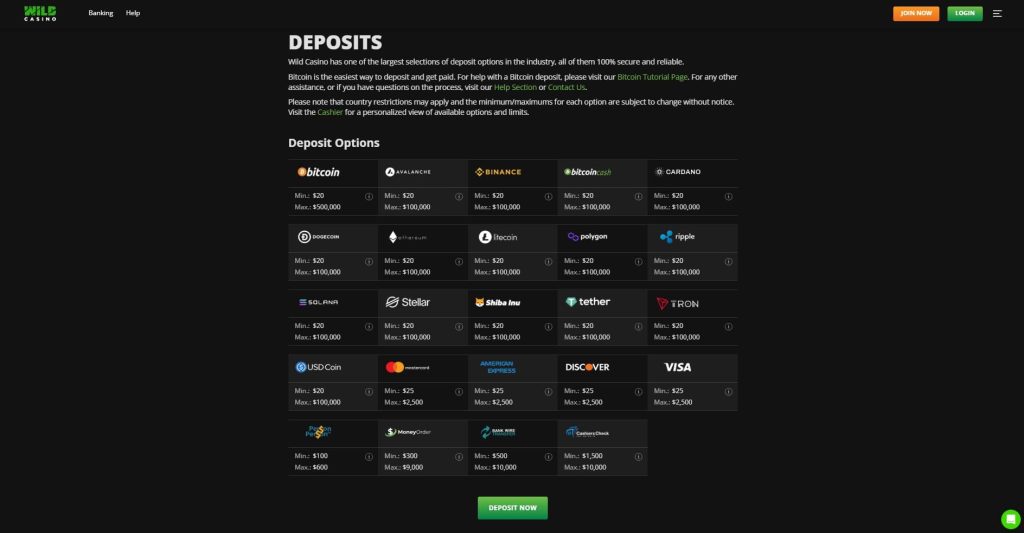All the deposit options available at Wild Casino