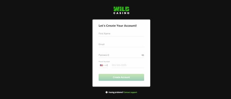 Wild Casino Registration form
