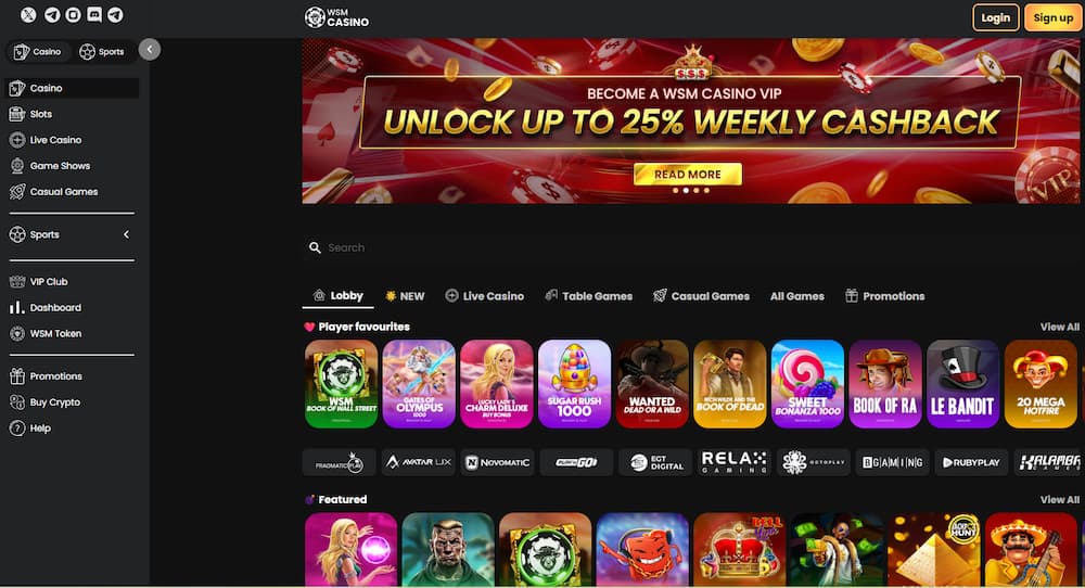 WSM crypto casino lobby showing menu of different games - slots, live casino, game shows, and sports