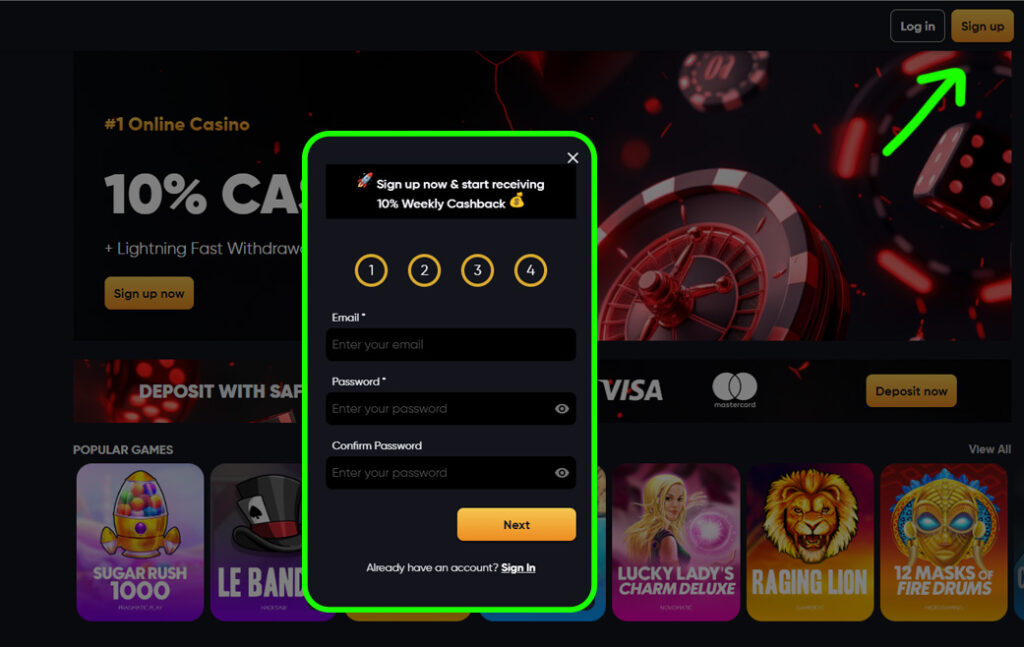sign up process instant casino