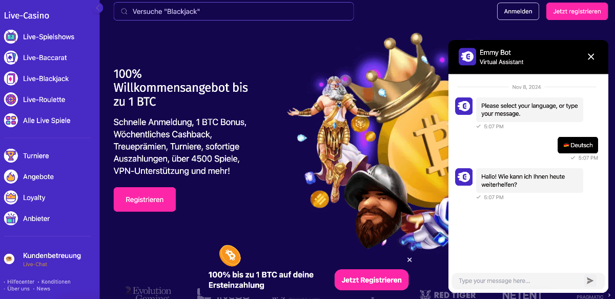 Empire.io Kundenbetreuung Live-Chat