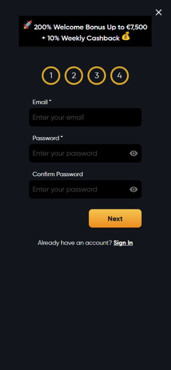 sign up process mobile instant casino