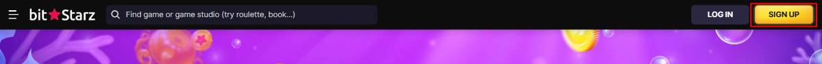 Öffnen Sie Webseite vom BitStarz Casino und klicken Sie im Hauptmenü über rechts auf den gelben Button „Sign Up“.