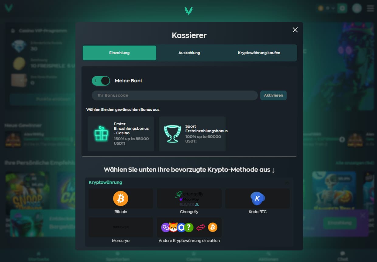 Vave Casino - Die erste Einzahlung