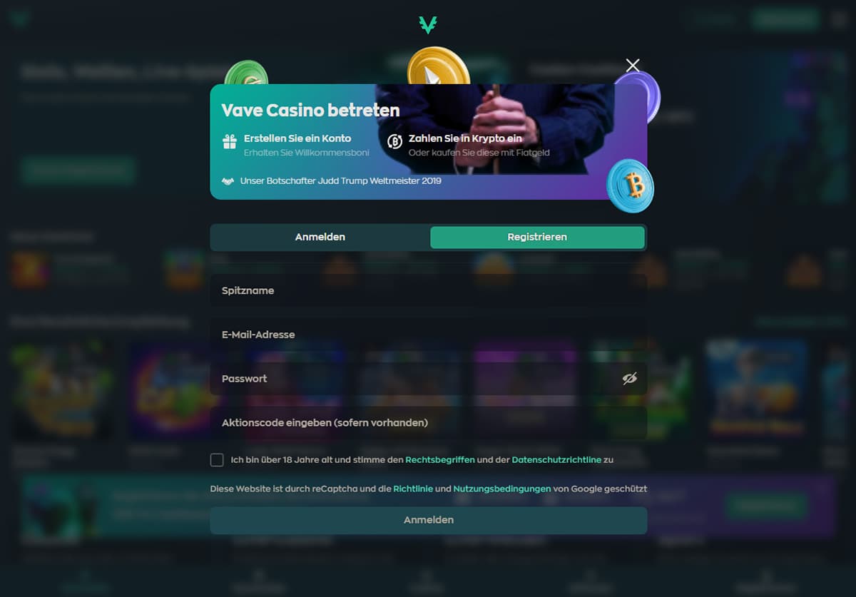 Vave Casino - Registration