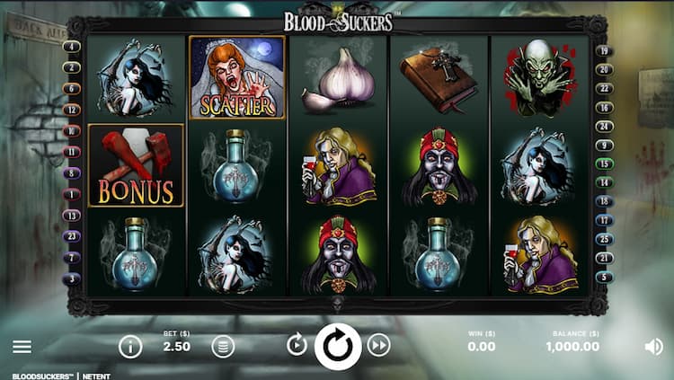 Blood Suckers online slot game symbols on vampire theme reels.