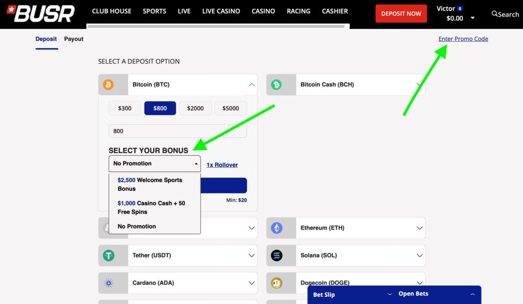 Select bonus or apply promo code
