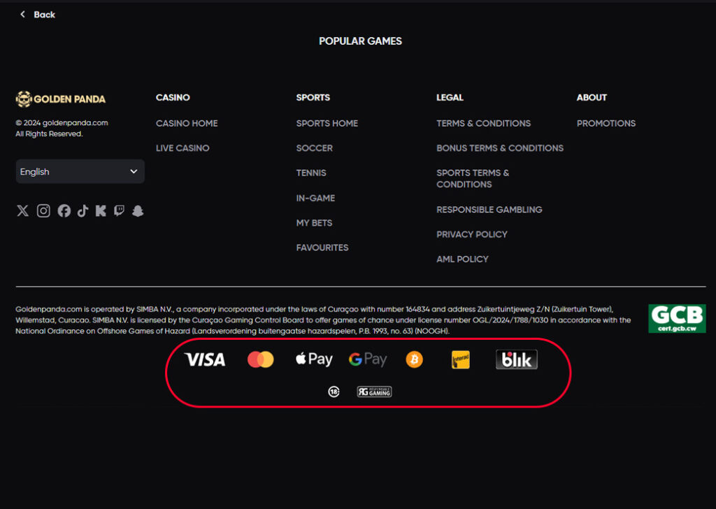 Casino homepage with credit card payments available
