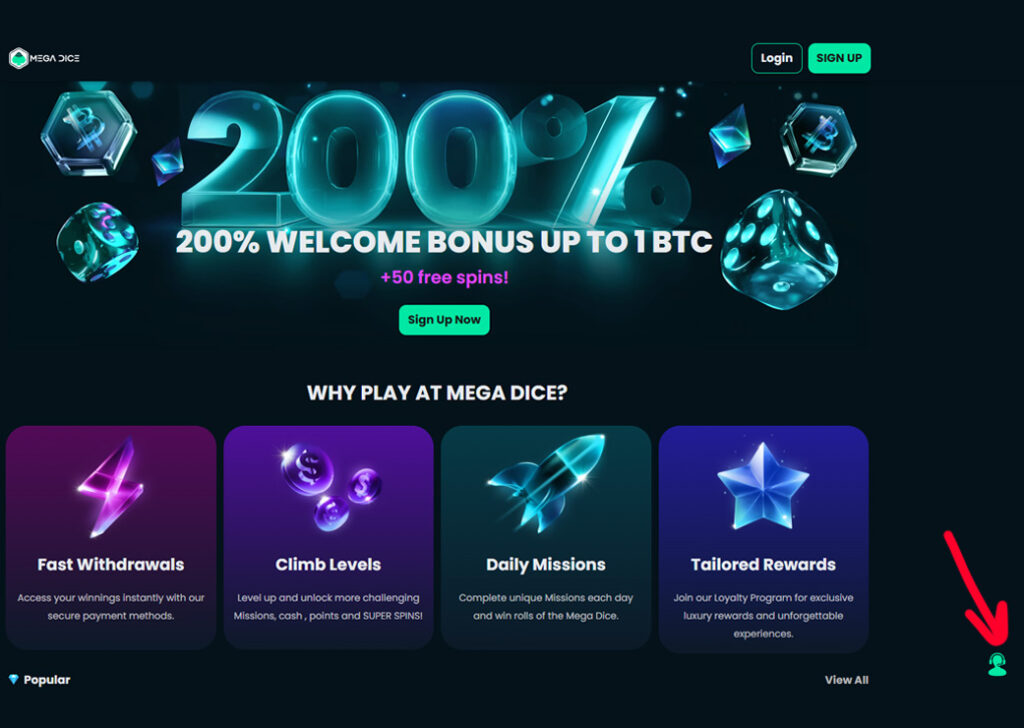 Casino homepage with chat support visible in the bottom right corner