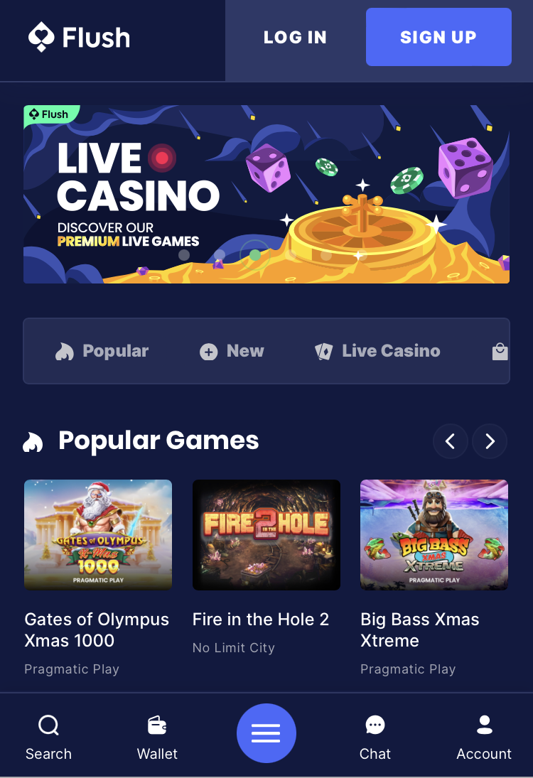 mobile view on flush casino