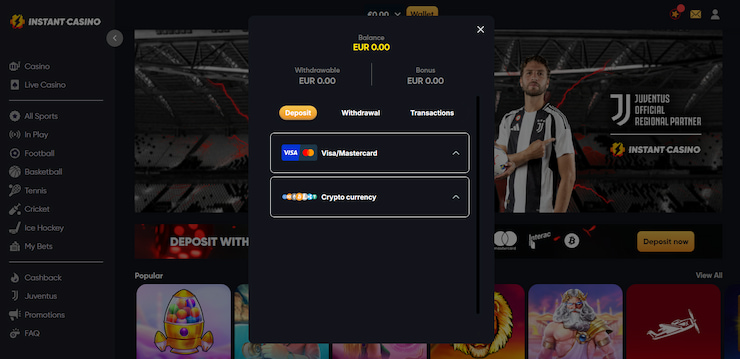Instant Casino deposit page