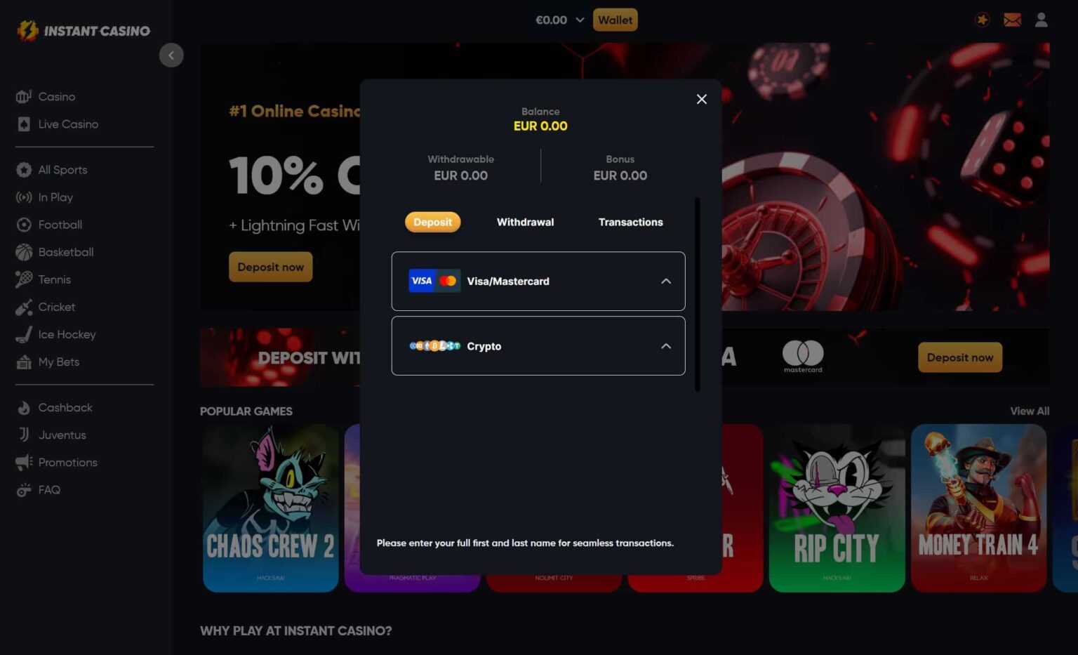 deposit options at instant casino