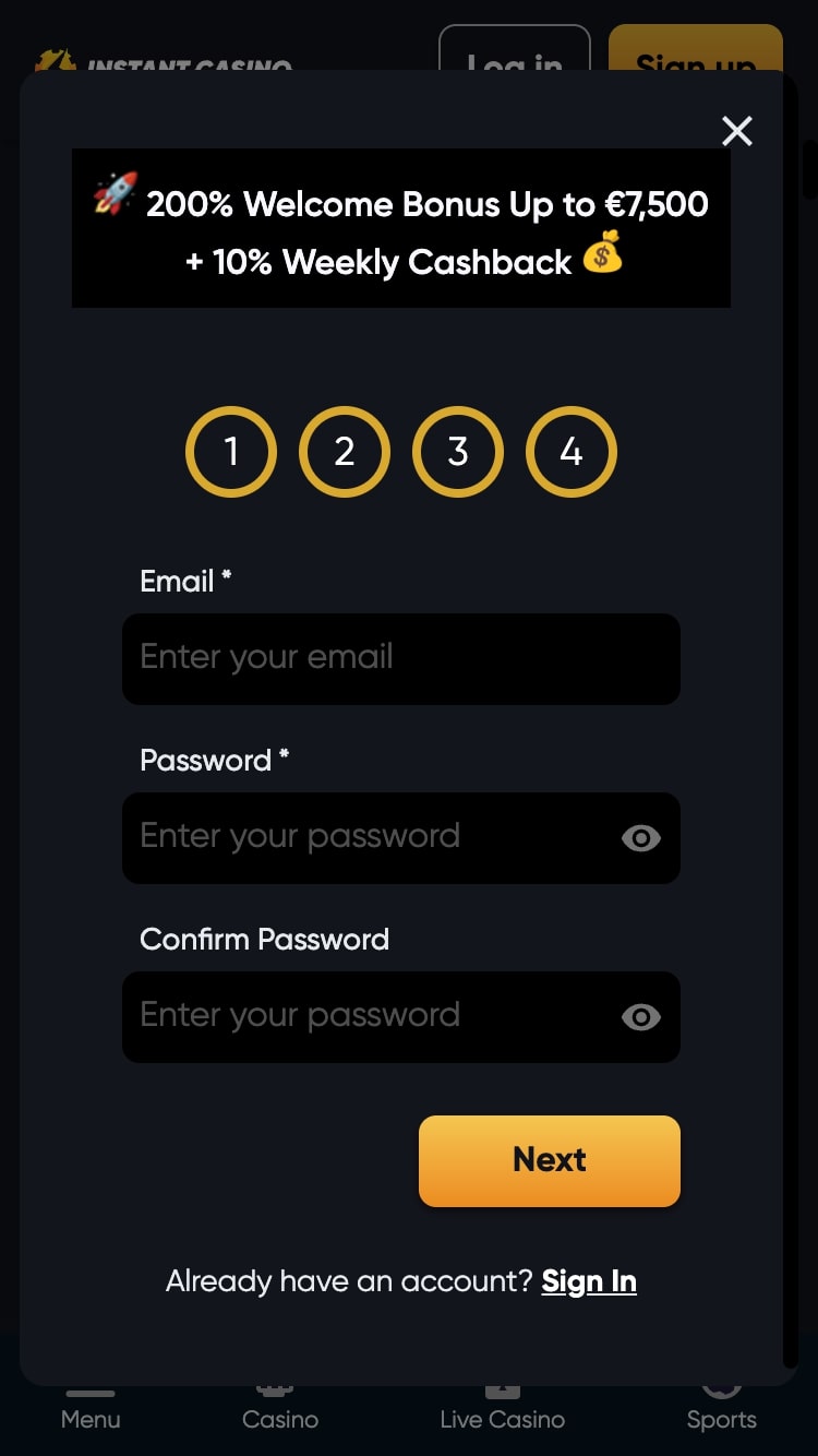Instant Casino registration page